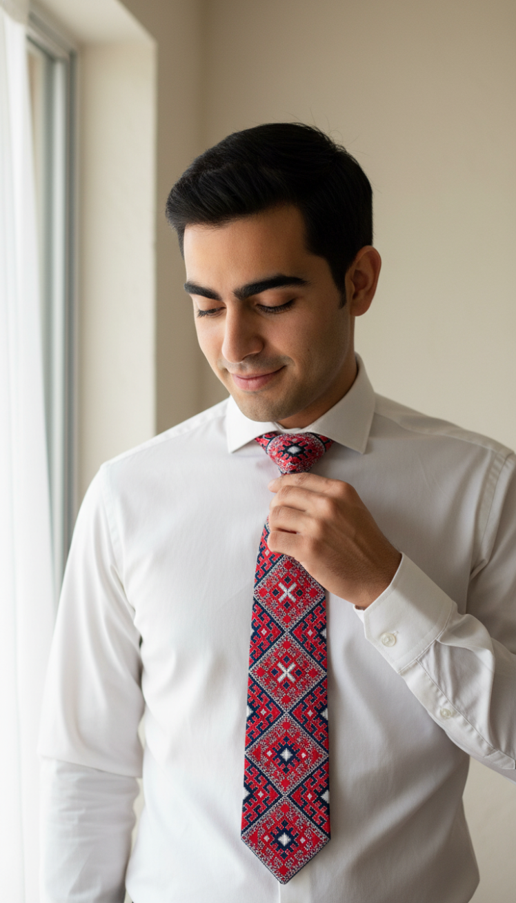 کراوات سوزن‌دوزی بلوچی قرمز | دست‌دوز سنتی | کانسپت استور خانه دلشاد