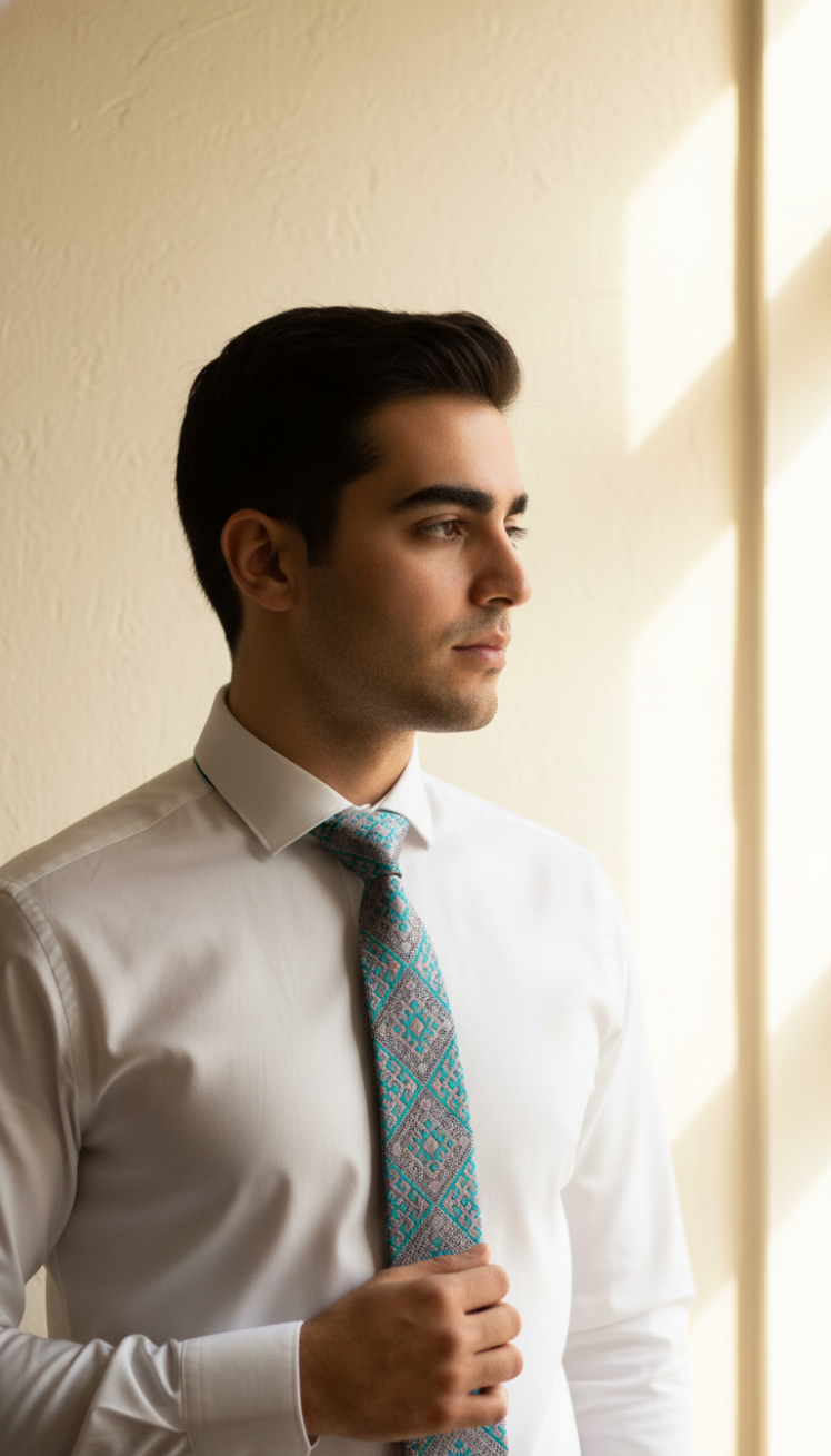 کراوات سوزن‌دوزی بلوچی فیروزه ای | دست‌دوز سنتی | کانسپت استور خانه دلشاد